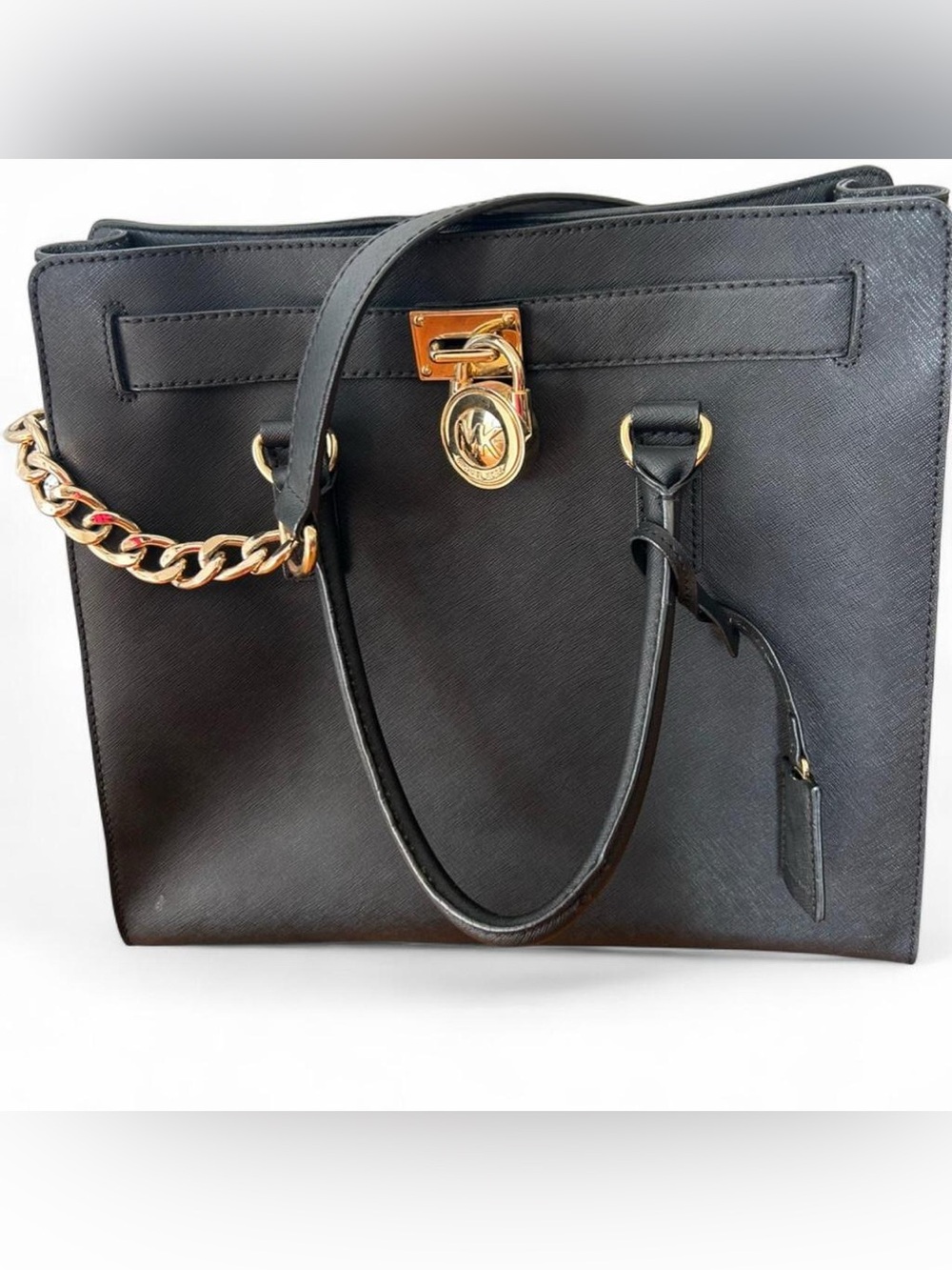 Michael Kors Black Leather Saffiano Tote with Gold Accents